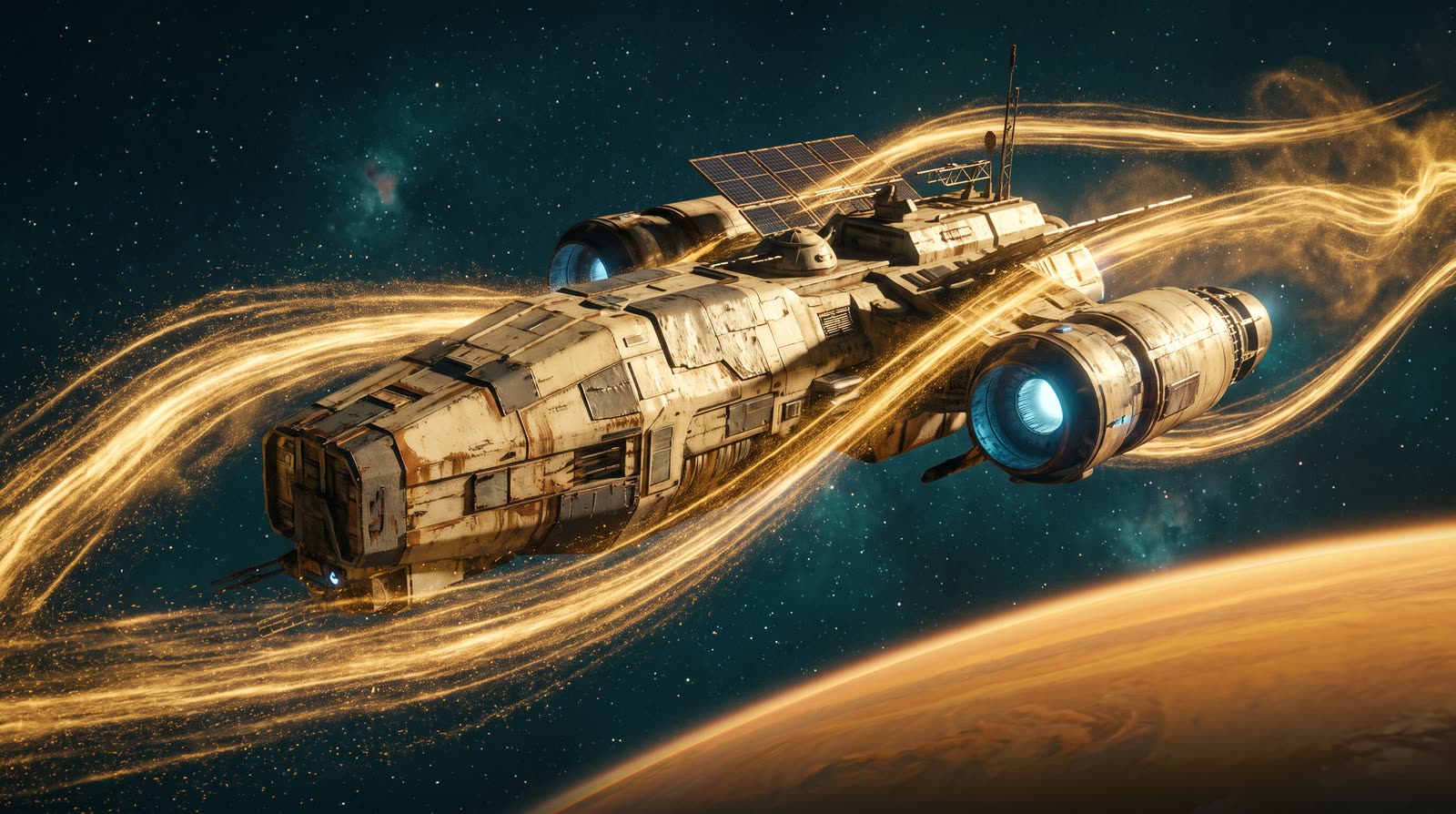 A battered cargo ship riding streams of golden solar wind above an orange gas giant