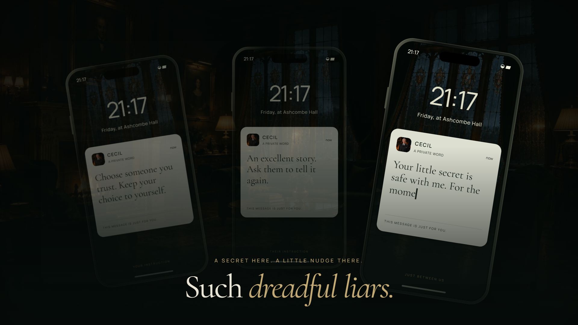Three phones receiving different private messages from Cecil during The Last Toast